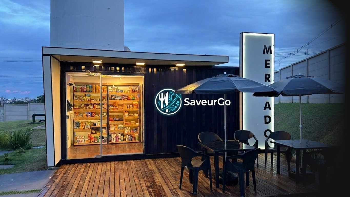 Fachada de um minimercado autônomo SaveurGo